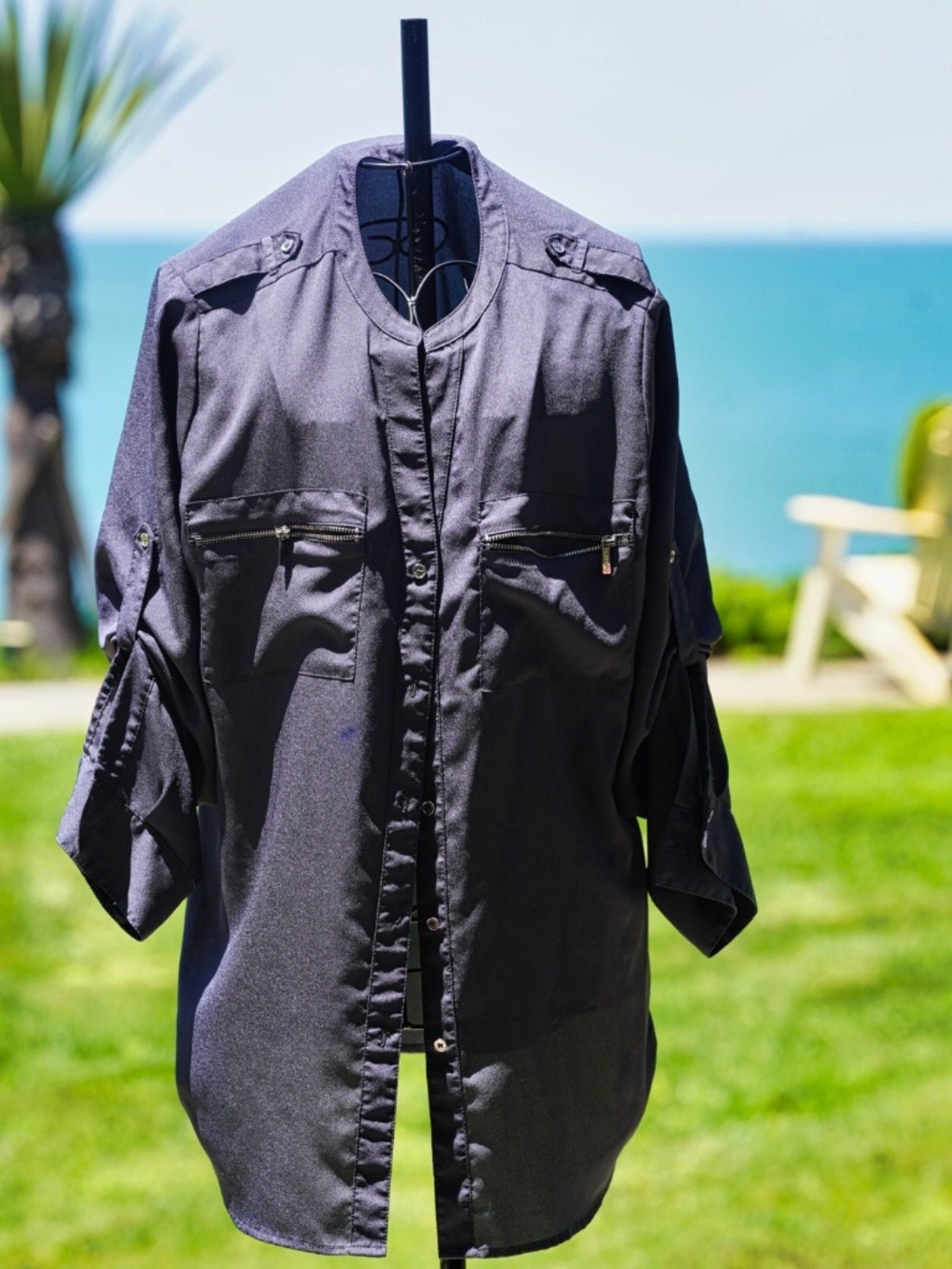 Calvin Klein Military Utility Button Up Roll Tab Sleeve Tunic Shirt Large